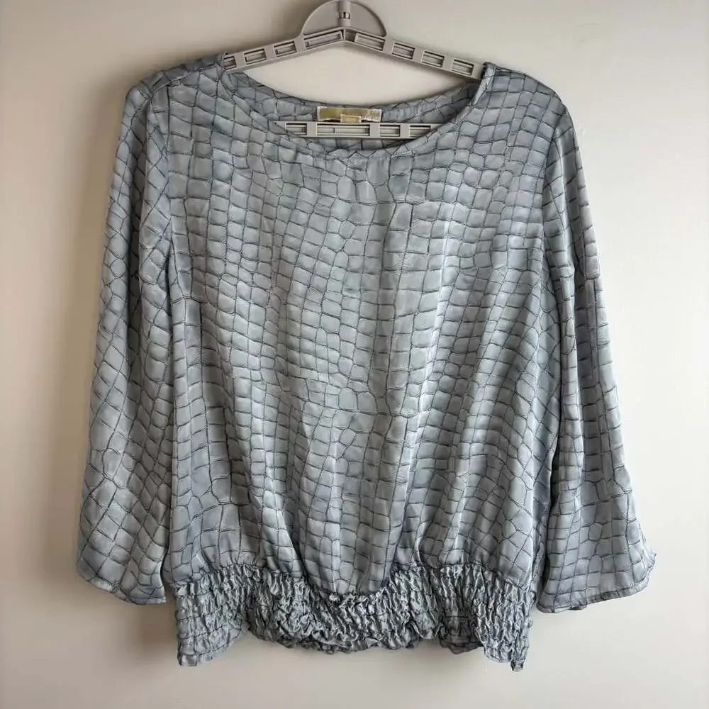 Michael Kors silky animal print top womens L gray open sleeve cinched waist